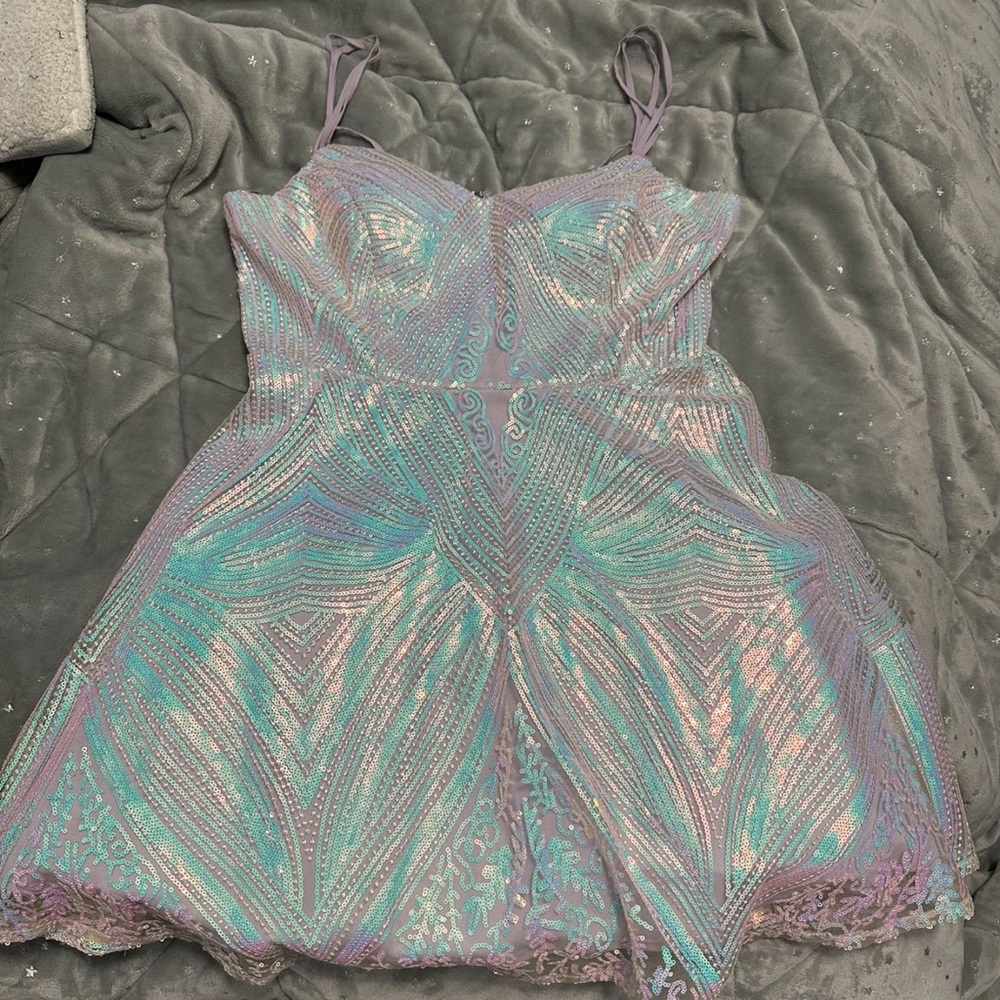City Triangles Purple and Blue Mini Dress with Iridescent Finish